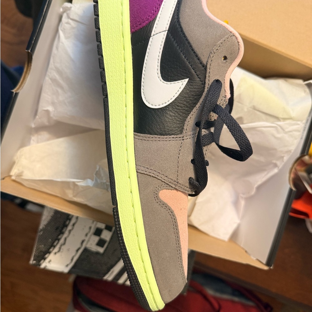 Air Jordan Low-Top Sneaker in Black, Gray, White, Purple & Neon Yellow